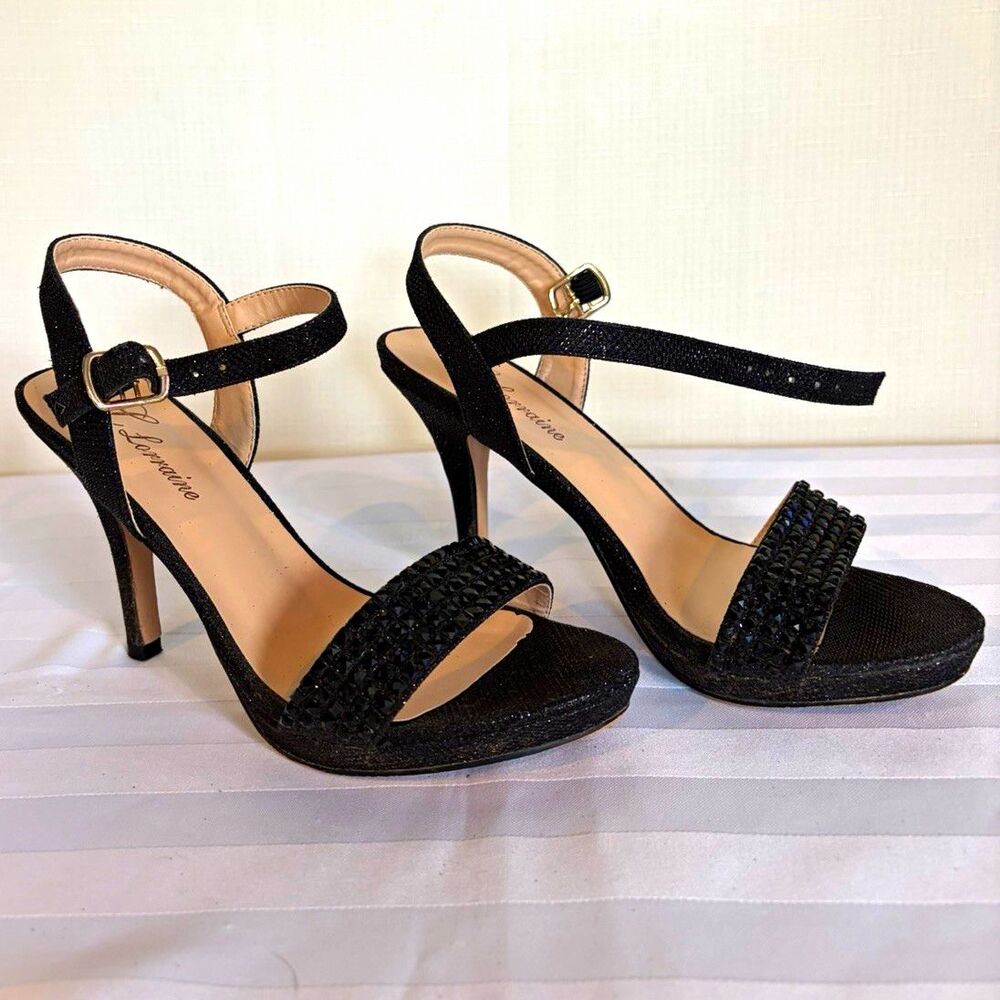 L. Leonia Women’s Black Glitter Strappy Open Toe Ankle Strap Stiletto Heels 6